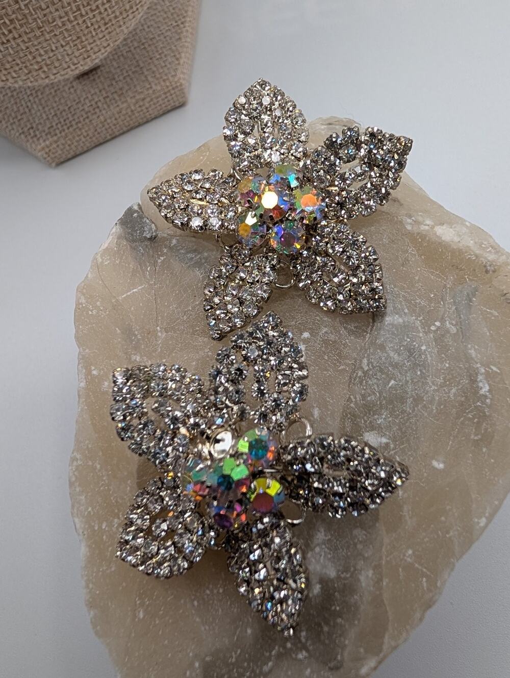 Sparkling Flower Statement Earrings Silver Tone Clear AB Rhinestone Post Back